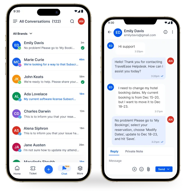 BoldDesk mobile support showing two smartphone screens: one with chat list and another handling hotel booking date changes.